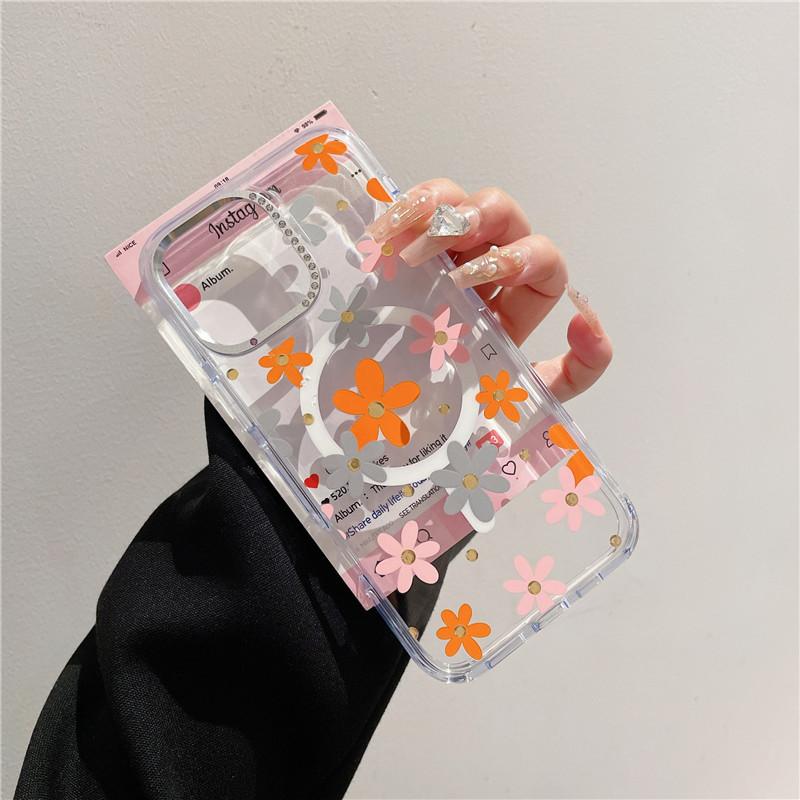 Applicable To Iphone16 Mobile Phone Case Diamond Lens Frame Apple 17 Transparent Magnetic Case Small Fresh Flower 15pro