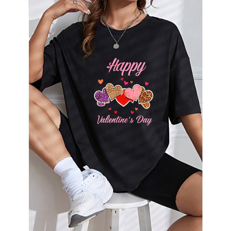 Damen Weißes T-Shirt Happy Valentine's Day Herzmuster Und Text Für Valentinstag