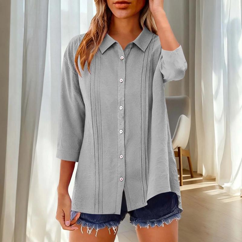 Summer New Women's Casual Tops Three-quarter Sleeve Solid Color Lapel Cotton and Linen Loose Shirt