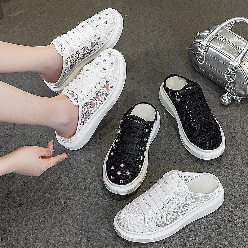 thick-soled lace rhinestone baotou half slippers women's summer new breathable casual sports little white board shoes slippers