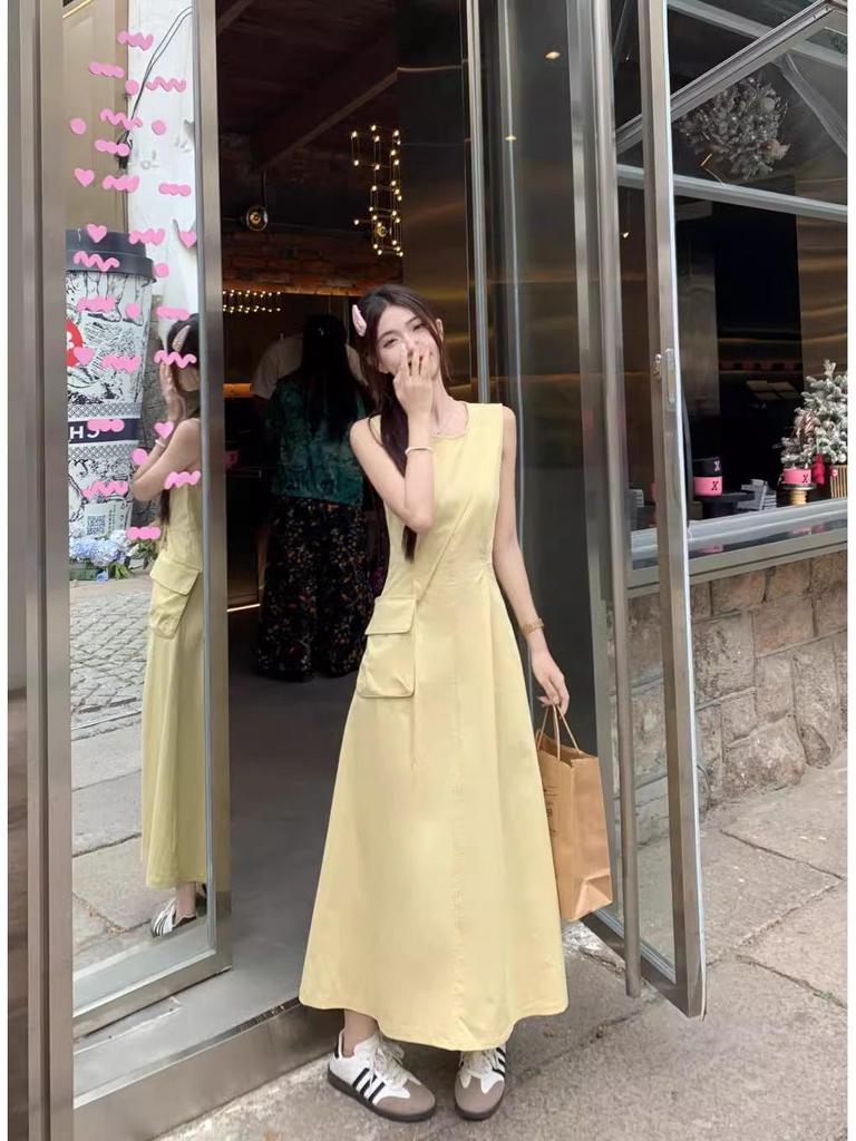 Gelbes Sommer 2025 Damen Ärmelloses Schlankheitsweste Langes Kleid - Schlicht, Lässig und Elegant.