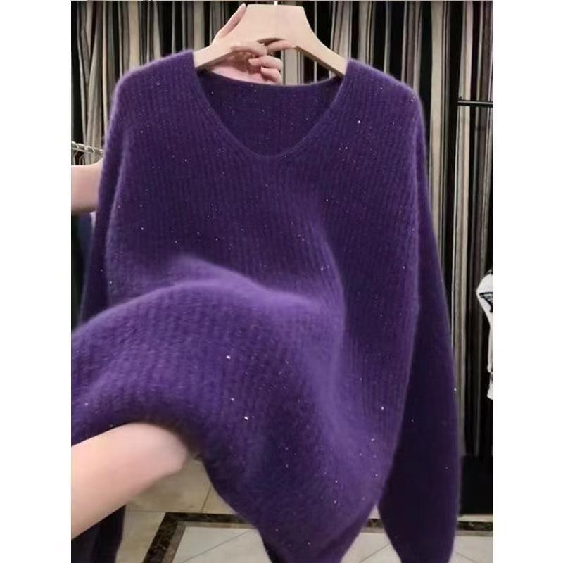 2026 Autumn Fine Glitter V-Neck Sequined Knitwear Sweater - Stylish Lazy Black Edition for Women