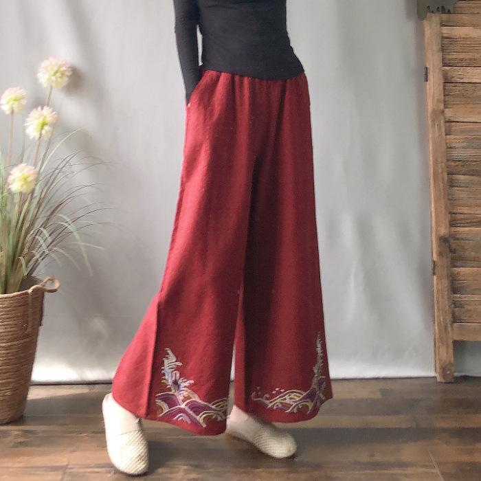 #006 Women s Retro Chinese Style Embroidered Wide-Leg Cotton Linen Pants 2XL