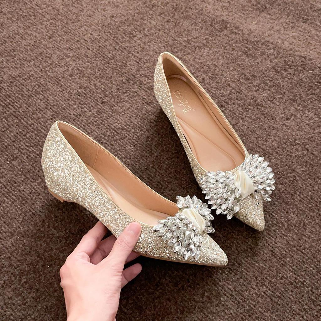 3386-5 New Autumn Stiletto Chunky Heel Pointed Toe French Bridal Shoes for Women