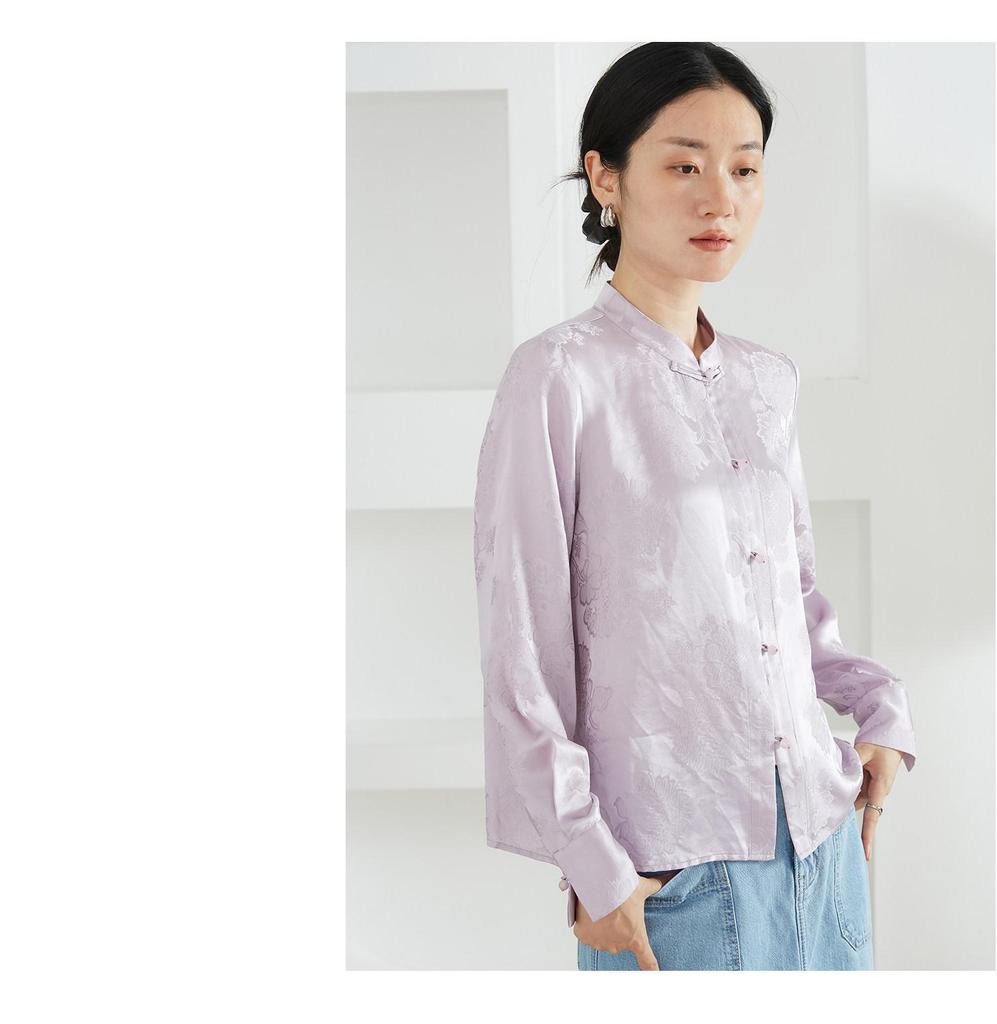 Women's 100% Mulberry Silk Floral Jacquard Shirt with Stand Collar and Frog Button, Long Sleeve Spring Top