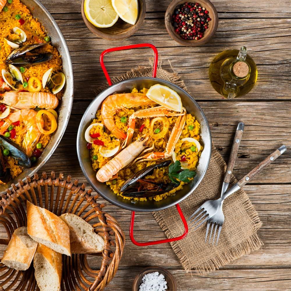 EL CID Spanish Paella Pan with Red Handle, Professional Paella Pan with Recipe, 22cm, Serving for 1 Person