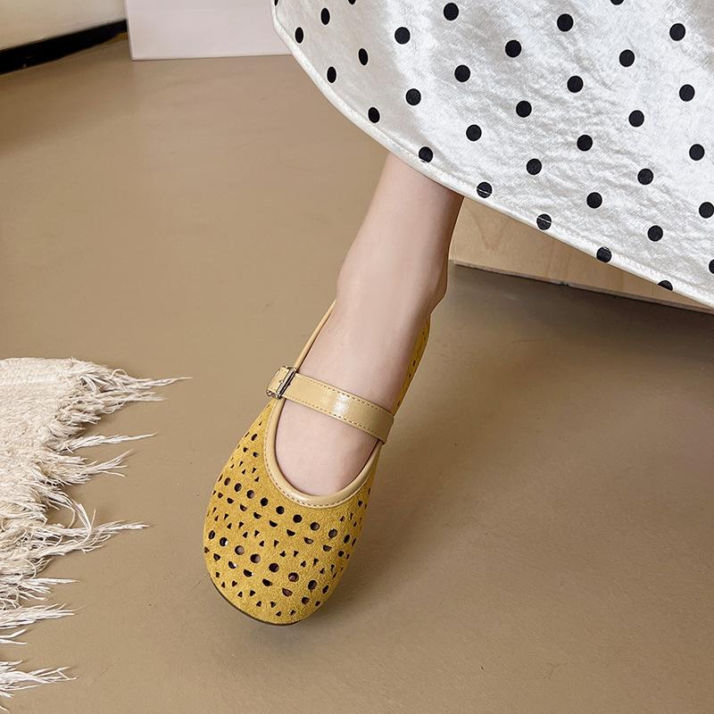 Round head soft sole shallow mouth single shoes new one-word buckle breathable hollow flat bottom low heel Mary Jane shoes comfortable shoes