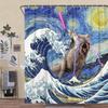 Fantasy Katze reitet Dinosaurier Wasserdichter Duschvorhang - Sternennacht Wellenkunst für eine einzigartige und verspielte Badezimmerdekoration