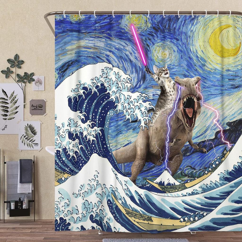 Fantasy Katze reitet Dinosaurier Wasserdichter Duschvorhang - Sternennacht Wellenkunst für eine einzigartige und verspielte Badezimmerdekoration