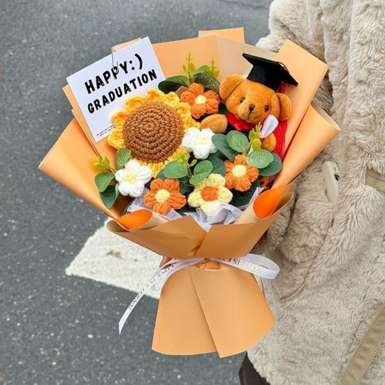 Graduation Crochet Flower Bouquet Handmade Knitted Artificial Sunflower Puff Flower Bear Graduation Gifts for Grad Party Favors