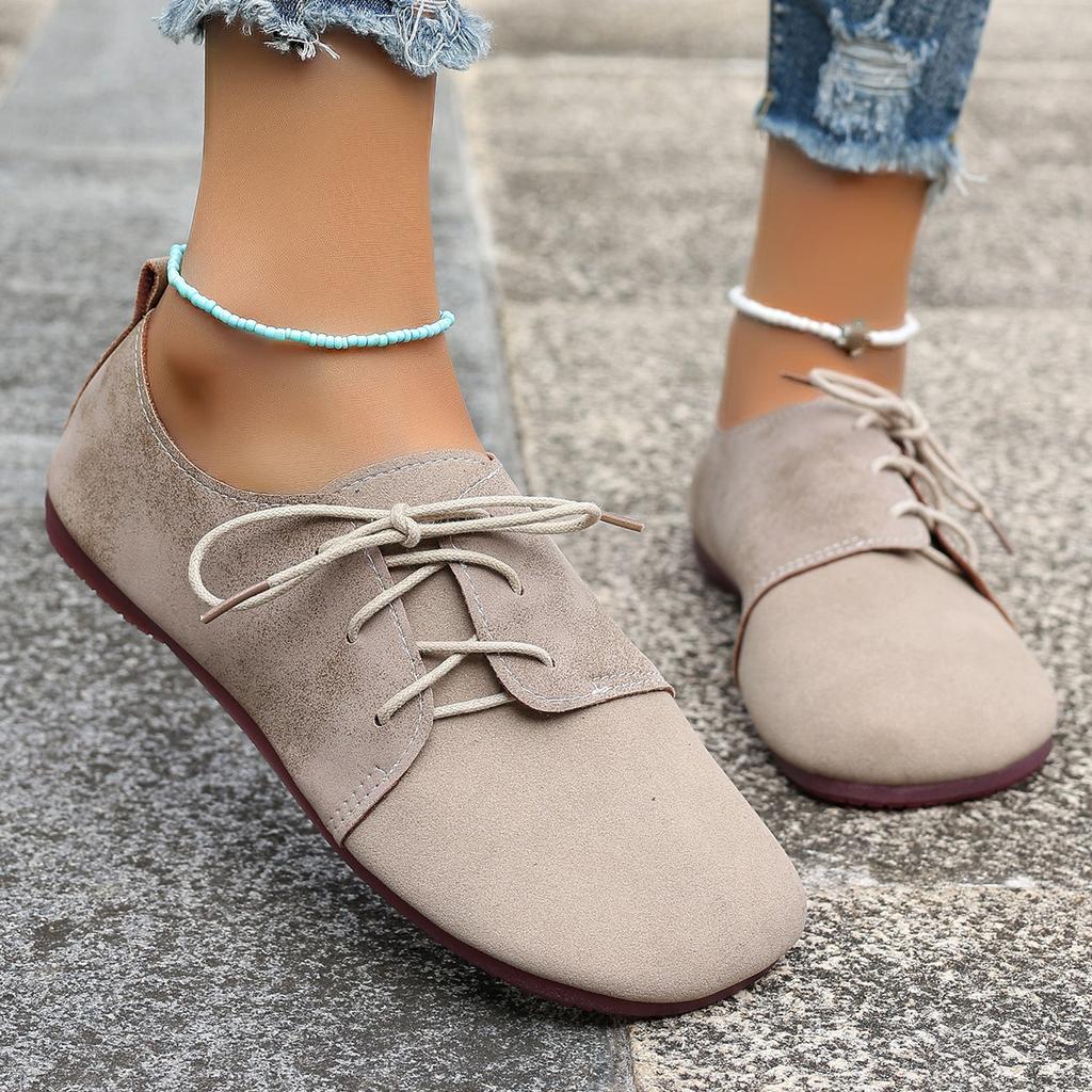 Große Damenschuhe Retro-Stil Flachsohlige Lässige Allround-Damen-Single-Schuhe Niedrig geschnittene Schnürung vorne Erbsenschuhe