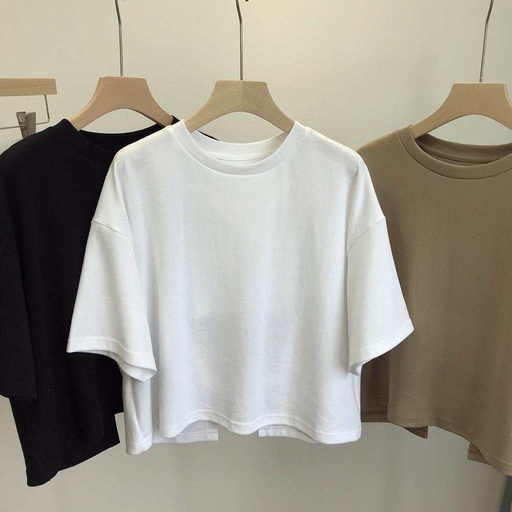Damen Rundhals Kurzarm Lockerer Schnitt Lässiges Sommer Einfarbiges T-Shirt Crop Tops