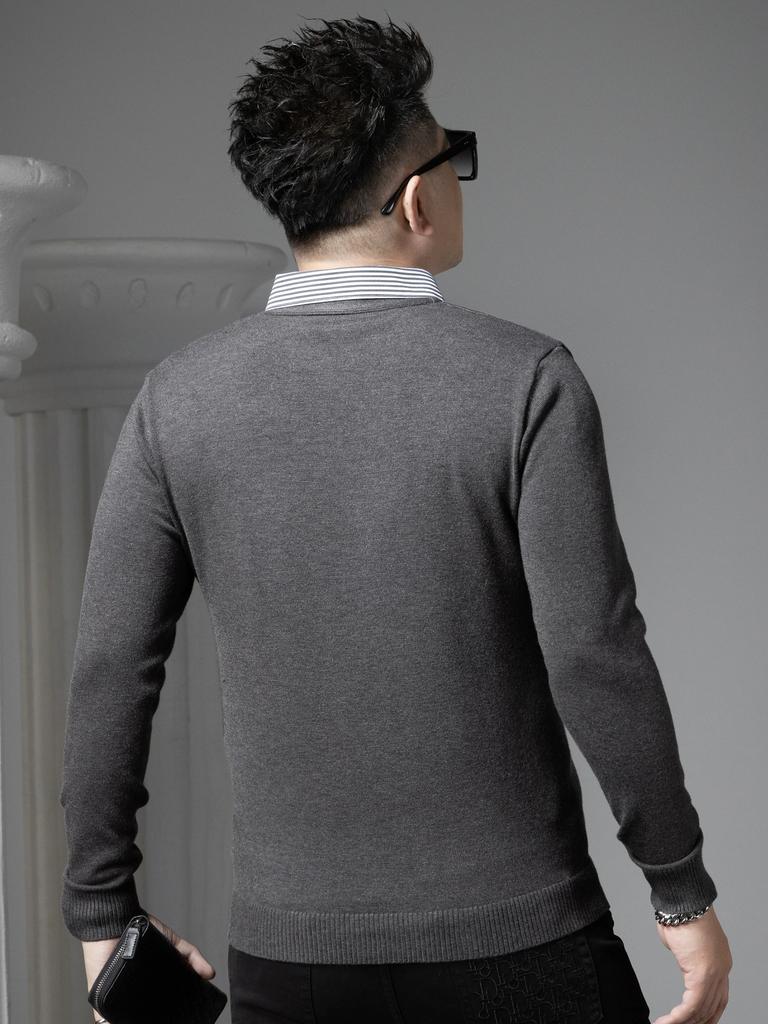 European Style 2025 New Men's Cardigan Fake Two-Piece Sweater Autumn Solid Color Shirt Collar Knitwear Casual Knit Sweater