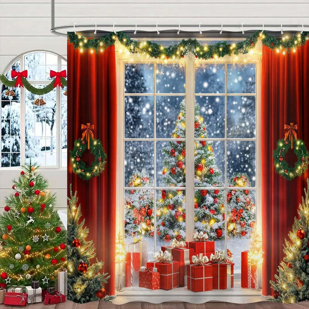 Winter Christmas Farmhouse Shower Curtain, Rustic Window Scene Glitter Xmas Tree Holiday Bathroom Bathtubs Decor, Fabric Shower