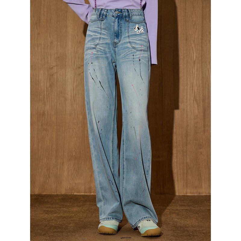 Coolhut American High Street Retro Splash-Ink Graffiti Design Loose Washed 2025 Autum Women's Jeans