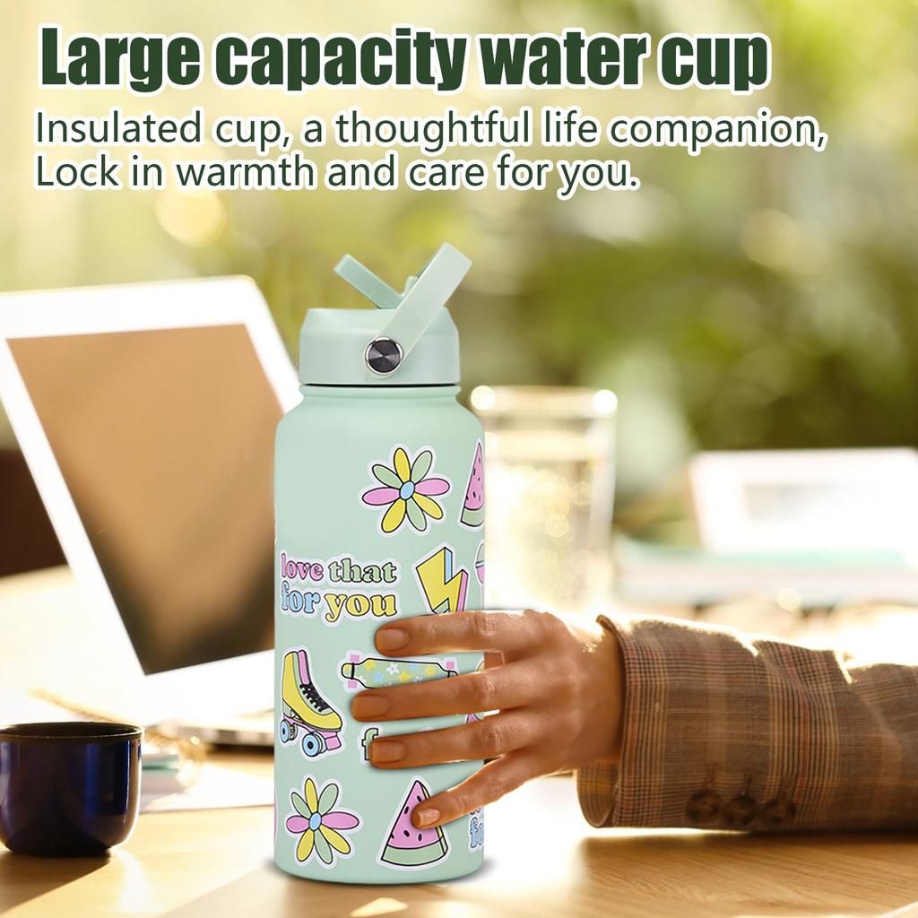 Sports Kettle Stainless Steel 1L Large Capacity Printed Large Mouth Insulated Cup Portable Handle Straw Water Cup