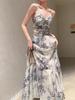 Women's Spaghetti Strap Ink Painting Dress, Waist-Cinched, Slimming Mid-Length, High-End Summer 2026 Trend