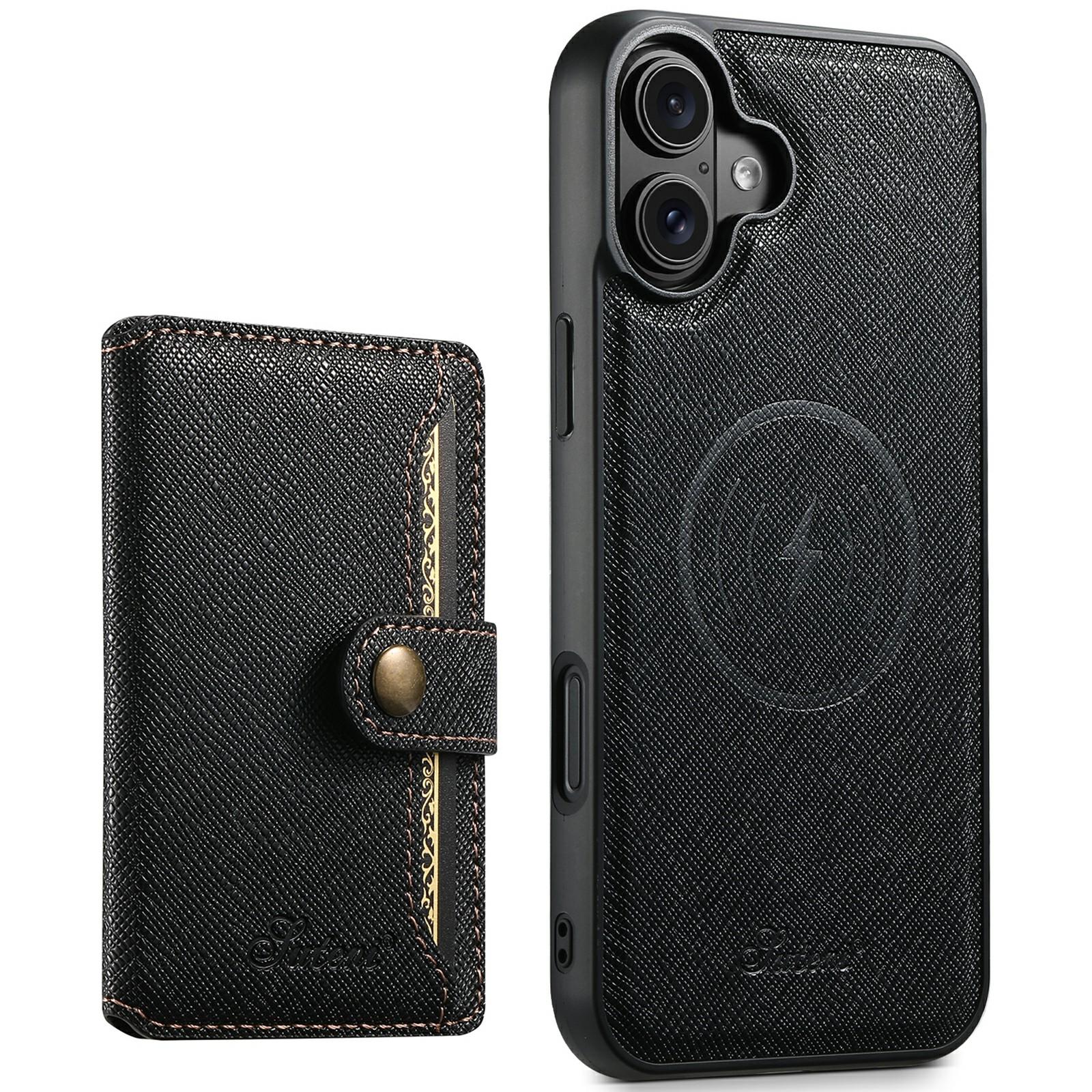 

SUTENI H20 For iPhone 16 Magnetic Case Cross Texture Phone Back Cover with Detachable Card Holder Black