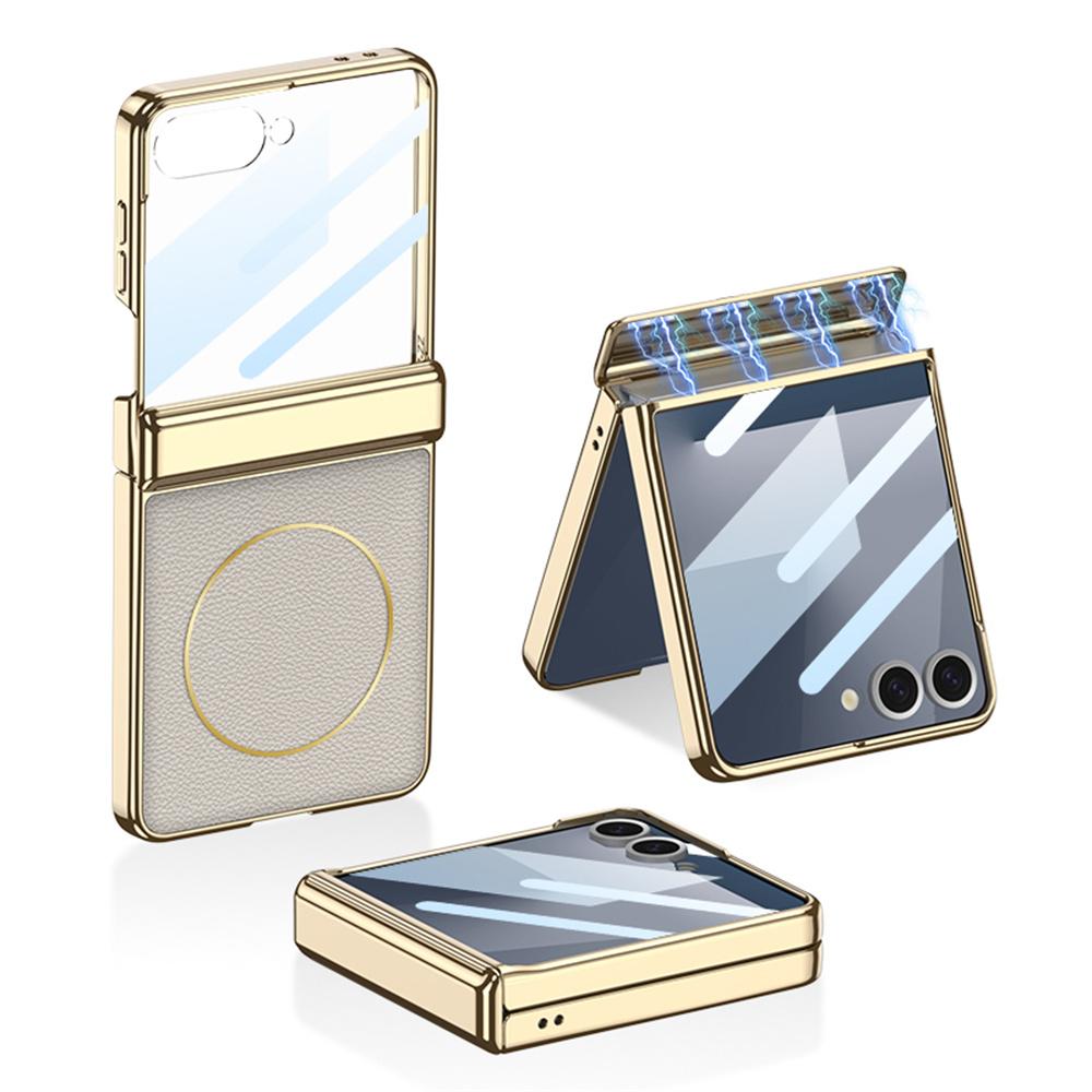 GKK For Samsung Galaxy Z Flip7 5G Magnetic Case Hinge Protection PU PC Tempered Glass Phone Cover