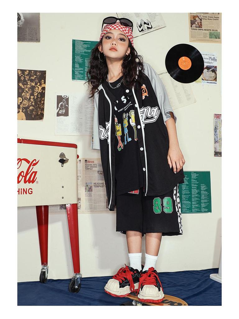 Modny hip-hopowy zestaw uniformów baseballowych dla dzieci - Krótki rękaw, letni kostium na występy dla chłopców i dziewcząt