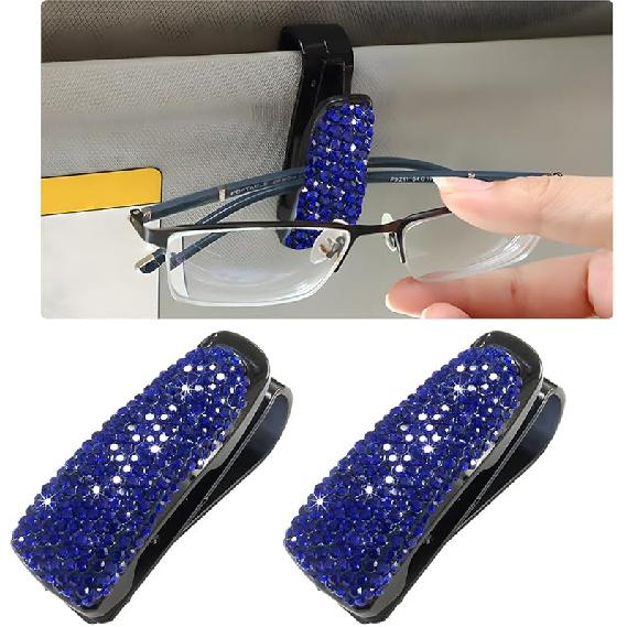2 PCS Car Sun Visor Glasses Holder, Fashion Bling Car Eyeglasses Sunglasses Hanger for Women Girls, Glasses Holder Clip Hanger Mount with Ticket Card