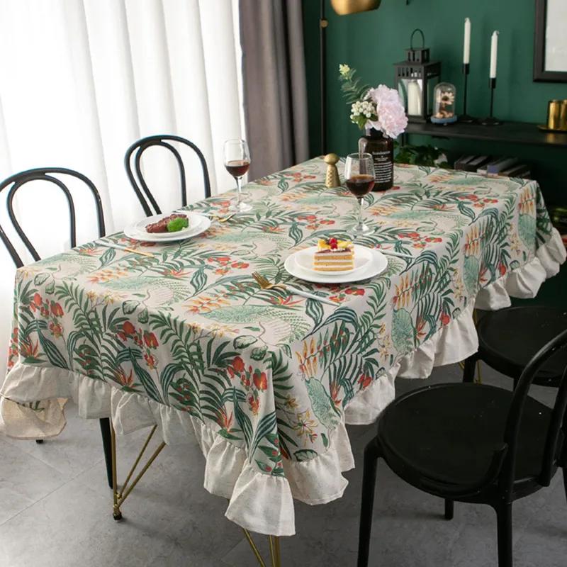 Green Plant Pattern Flounces Tablecloth Rectangular Round Cotton Linen Dustproof Tabletop Cover Restaurant Decorative Tablecloth