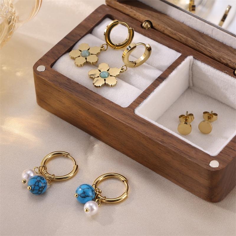 

Steel Stainless Fashionforward Earrings Set Unique Geometric Design With Pearl Turquoise Stone And Floral Accents