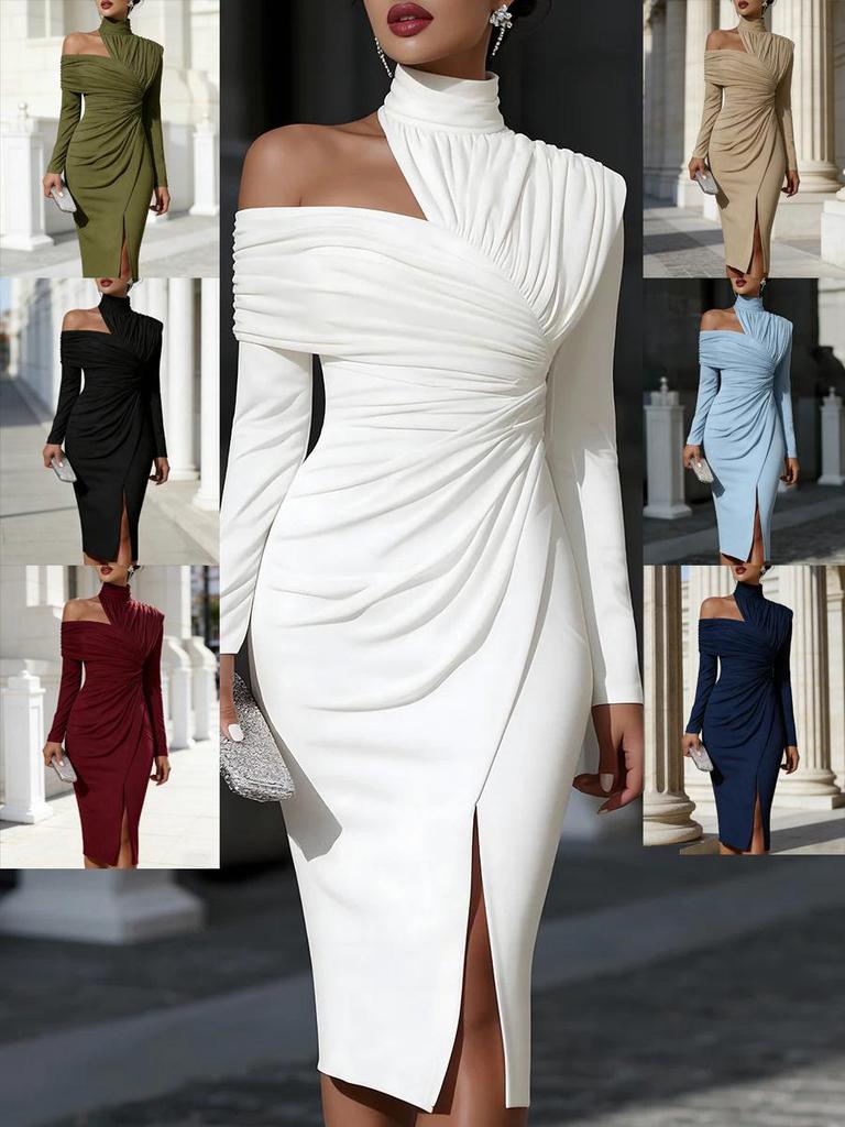 2026 European and American Solid Color Off-Shoulder Slim Fit Slit Dress for Women