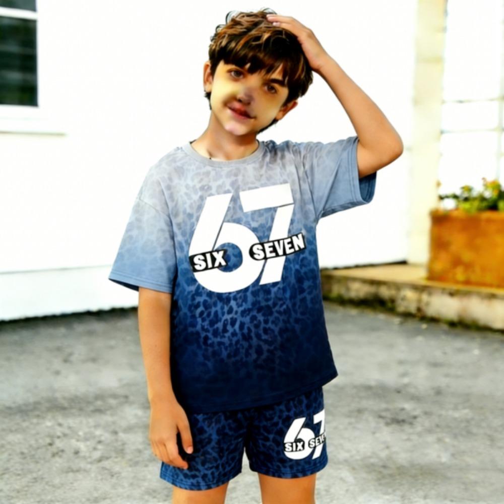Leopard Gradient 67 Printed Kids T-shirt and Shorts 2 Piece Set Summer Casual Outfit for Boy's and Girl's Kids Clothing Top
