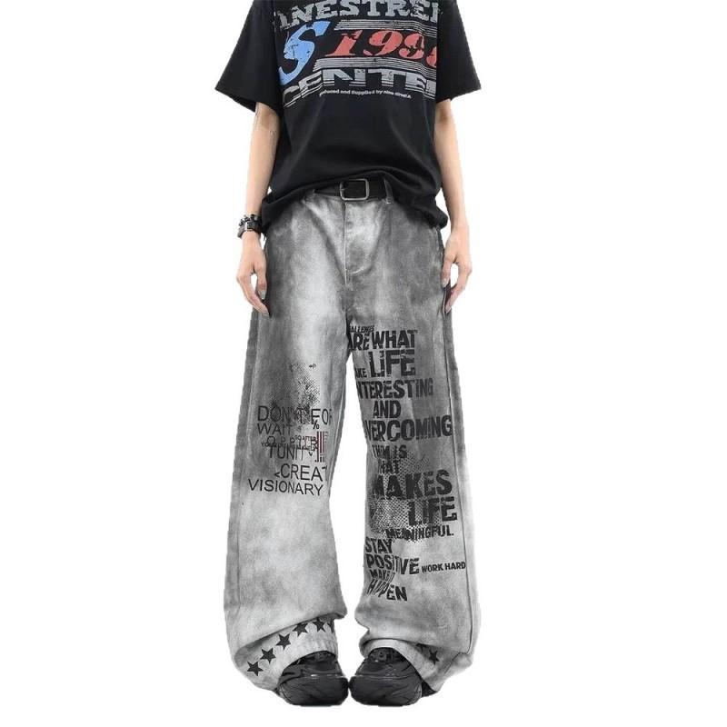 American Street Graffiti Jeans Men Women Loose Fit Wide Leg Denim Pants Casual All-Match
