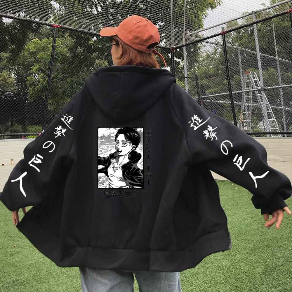 

Горячая аниме-атака титанов Эрен с графическим принтом, с капюшоном для мужчин и женщин, свободные толстовки с капюшоном на молнии, уличная одежда, толстовка Harajuku, куртка на молнии 4XL чёрный/белый