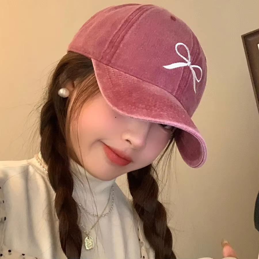 Pink Bow Baseball Cap for Women JK Korean Washed Cotton Snapback Hat Summer Adjustable Embroidered Girls Dad Hats