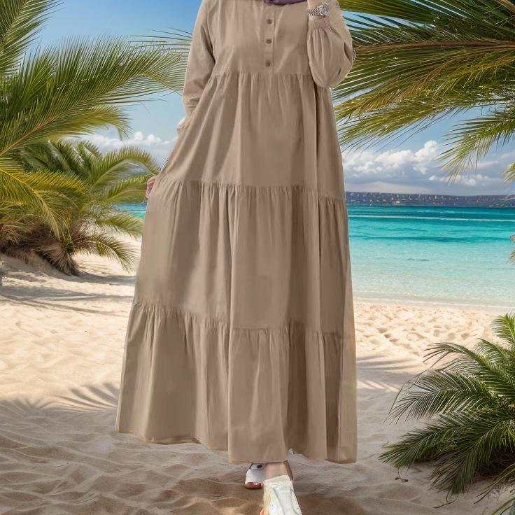 2024 Muslim Solid Color Loose Casual Button-Down Cotton Linen Dress with Long Sleeves