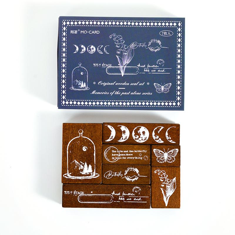 7pcs Wooden Seal Set Clear Carved Three-dimensional Pattern Calligraphy Painting Art DIY Handbook Decoration Personalized Gifts