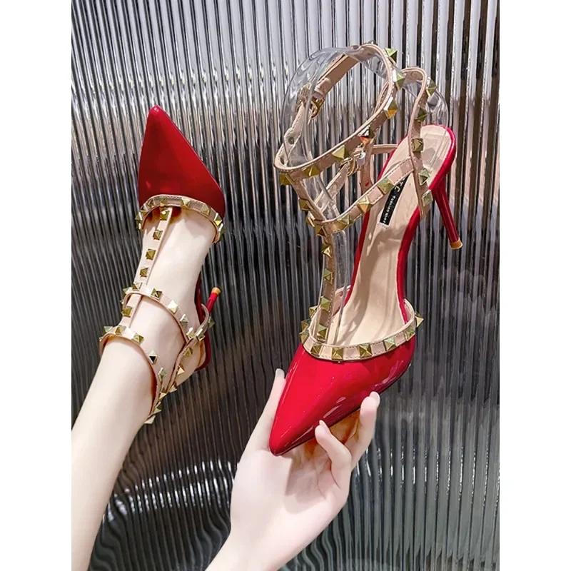 Fashion Plus Size High Heels Riveted Nude Women's Stiletto Heel 2025 Spring and Autumn New Pointed Toe Versatile Back Empty Single Shoes