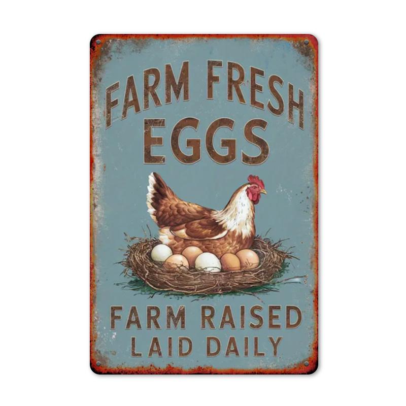 [Wystrój wiejskiego domu w stylu vintage] Rustykalny metalowy znak vintage „Jajka z wiejskiego gospodarstwa” - Wystrój wiejskiego domu z ilustracją kurczaka i gniazda