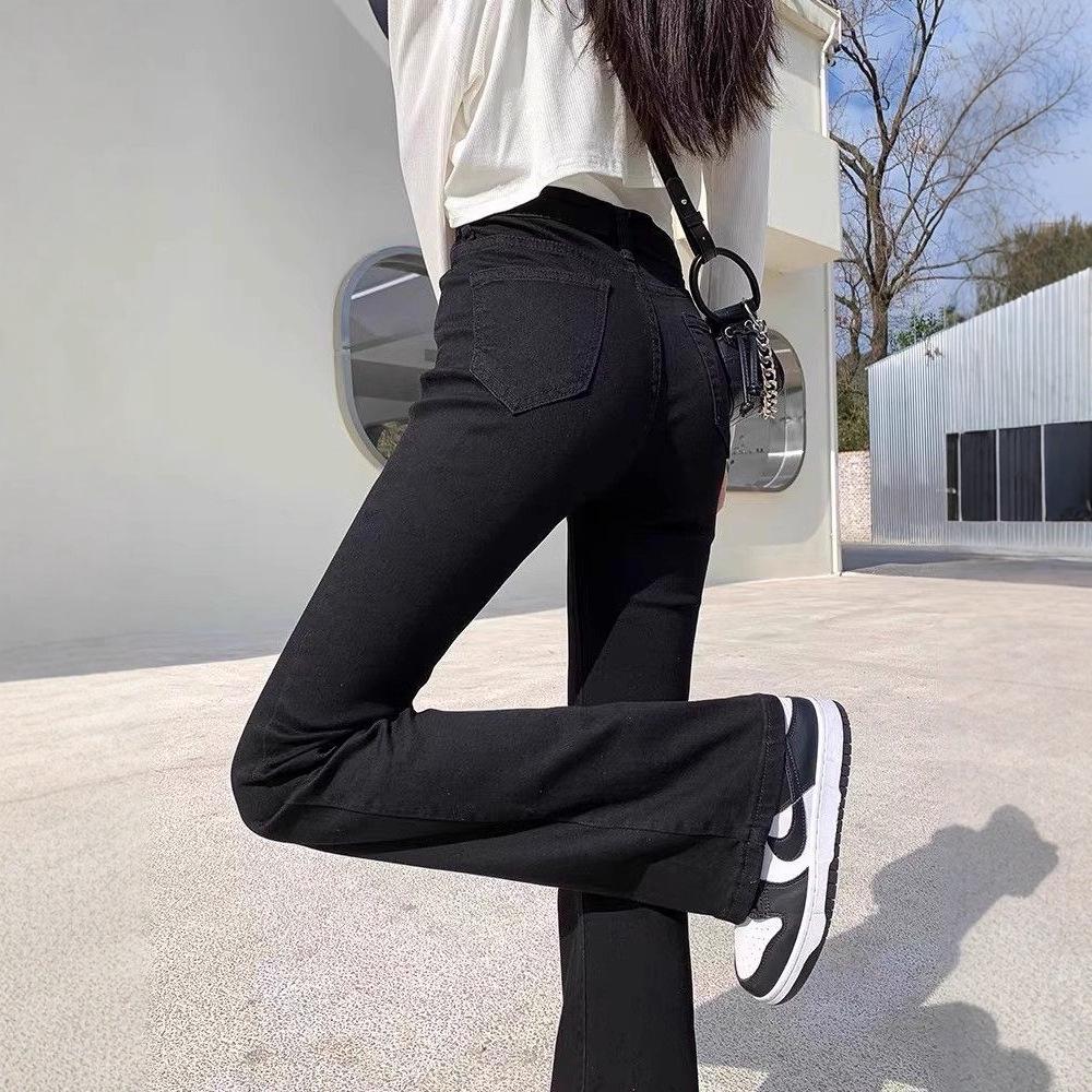 Women's Black Micro-Flare High-Waisted Jeans - 2024 Winter Slimming Elastic Trendy Pants