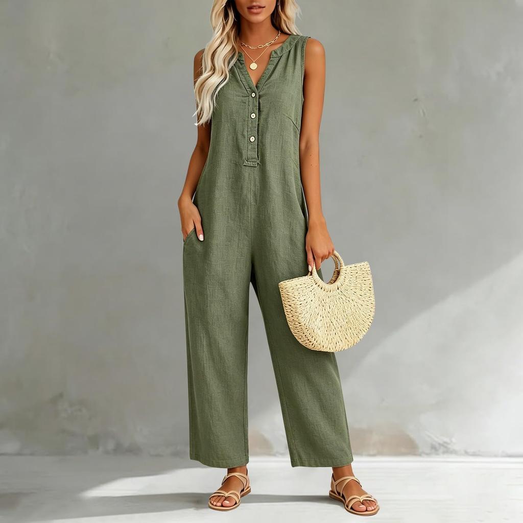 Damen Freizeit Ärmelloser V-Ausschnitt Knopfleiste Strampler Weiter Baggy Latzhose Mit Tasche