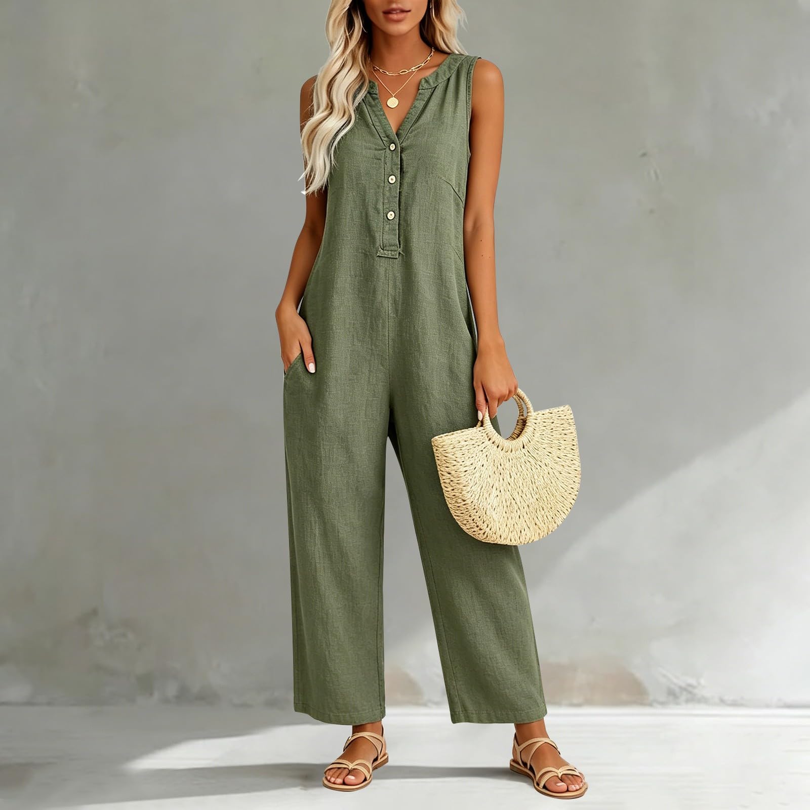 

Women Casual Sleeveless V Neck Button Rompers Wide Leg Baggy Bib Jumpsuit With Pocket L