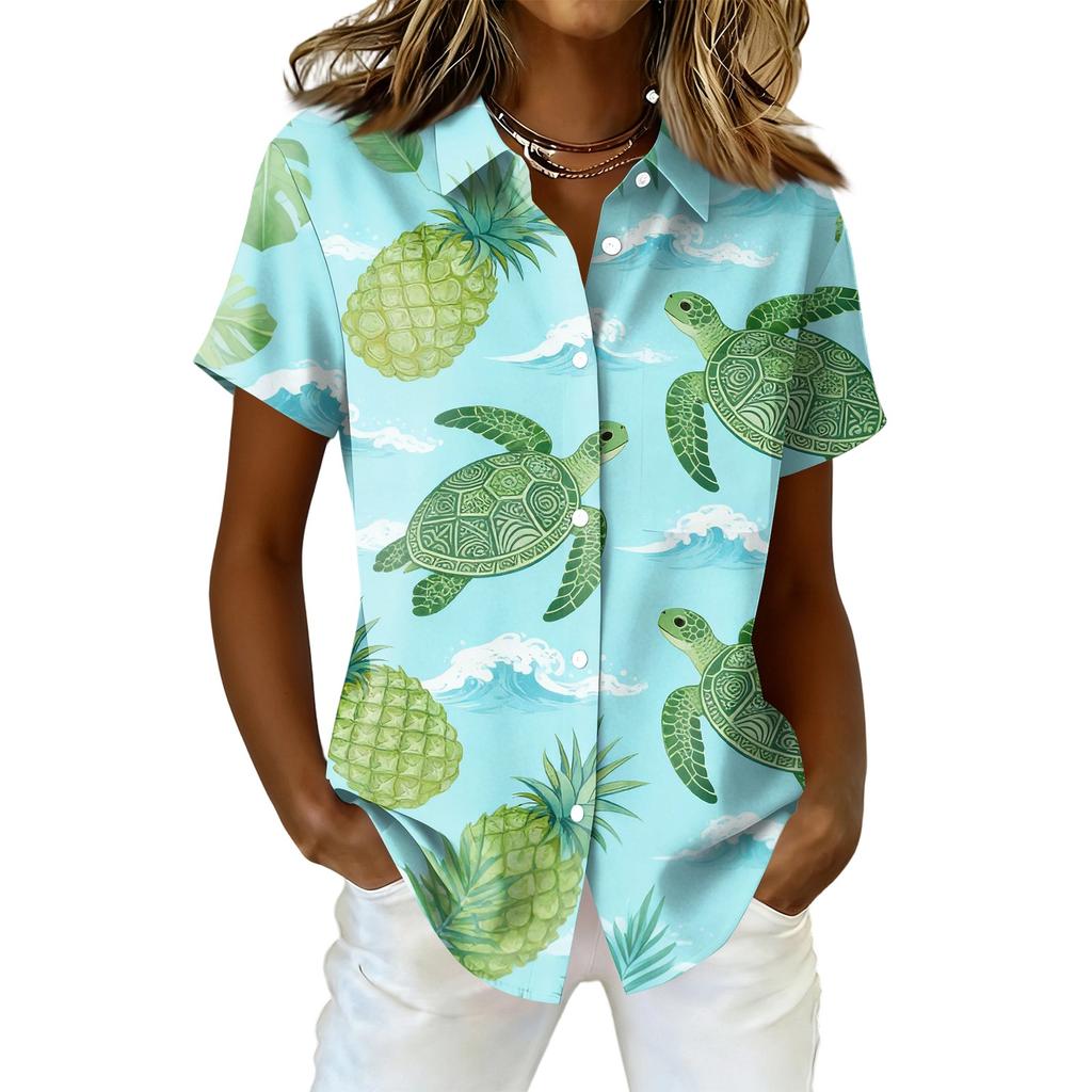 Women's Shirt Hawaiian Print Button Short Sleeved Pocket Casual Top