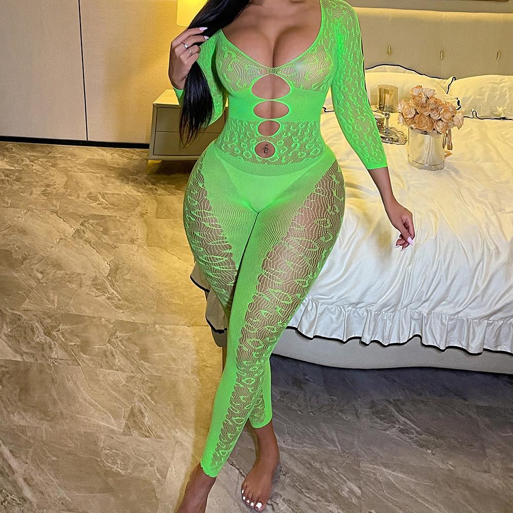 Sexy Hollow Lingerie Red Mesh Pajamas Long Sleeves Backless Tights