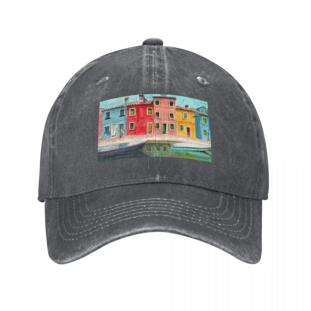 Watercolor Burano quarter in Venice Baseball Cap summer hat Fishing cap Vintage Women's Hats Men's