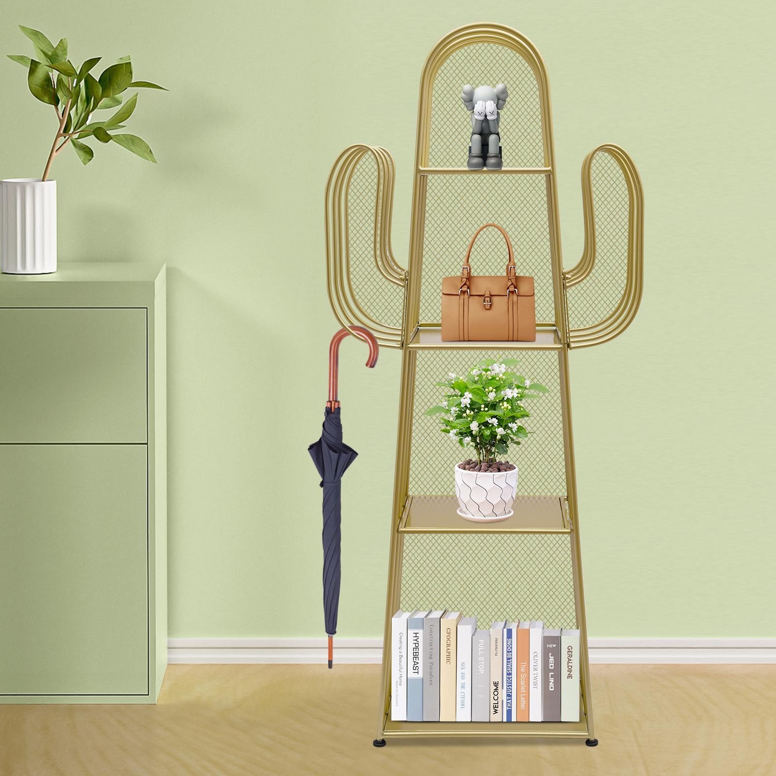

4-Tier Metal Ladder Bookshelf - Freestanding Golden Book Organizer with Hooks (55lbs Capacity Per Shelf) for Books, Toys, Plants