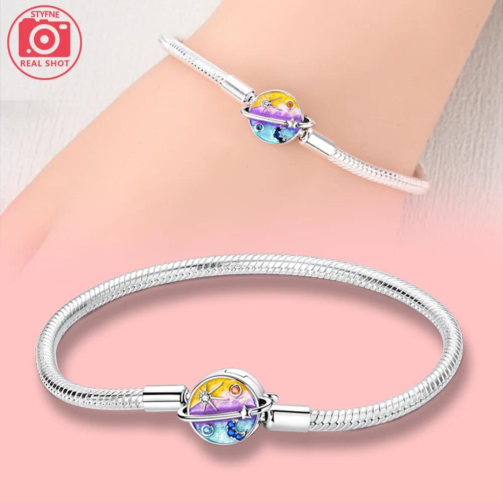 Colorful Dreamy Star Moon Bead Bracelet Fixed Chain Unicorn Women 925 Silver Bracelet Jewelry Anniversary Fine Gift