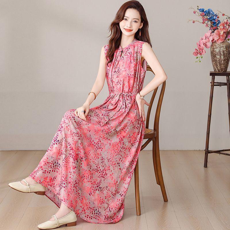 Elegant Floral Print Plus Size Dress for Middle Aged Women Summer Cotton Long Dress
