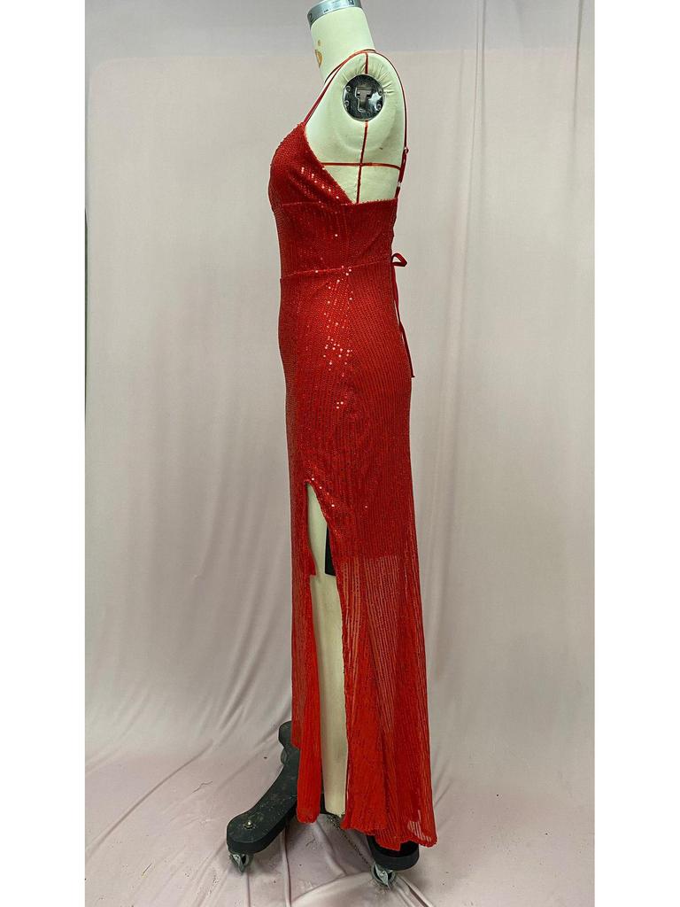 2025 European & American Women's Sexy Sequined Backless Dress with Slit
