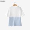 ZANZEA Women Casual Round Neck Short Sleeve Stripe Splice Loose Blouse