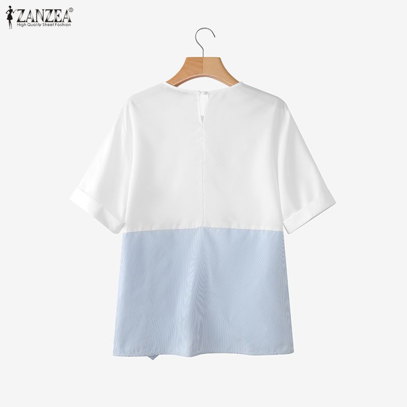 ZANZEA Women Casual Round Neck Short Sleeve Stripe Splice Loose Blouse