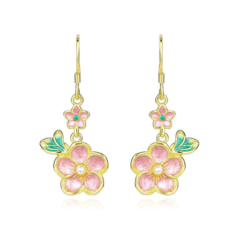 925 Sterling Silver Chinese Palace Style Enamel Resin Flower Drop Earrings for Women - Light Luxury Qipao Studs