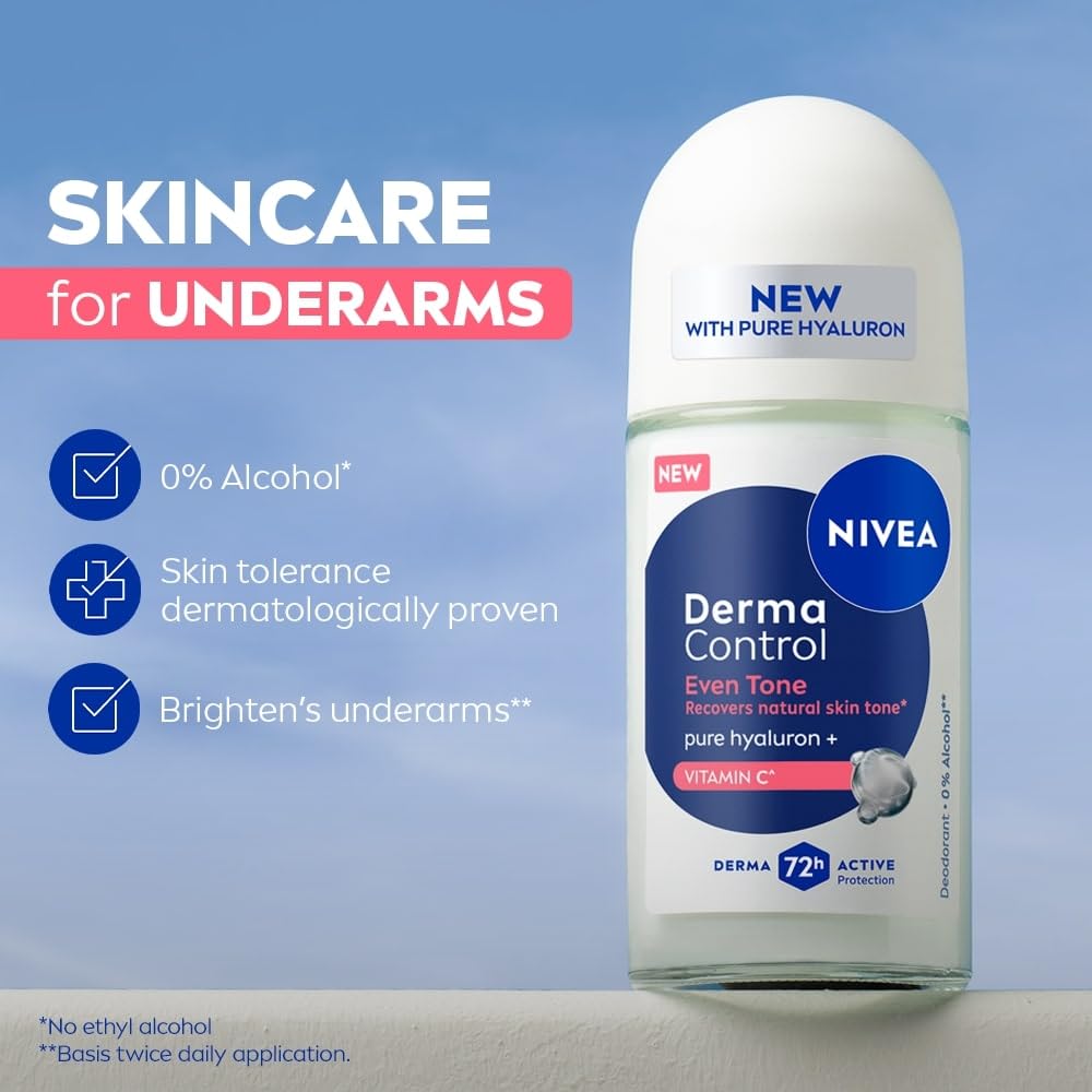 Nivea Derma Control Eventone, 0% Alcohol, Pure Hyaluron & Vitamin C, Underarm Roll On Women 50ml